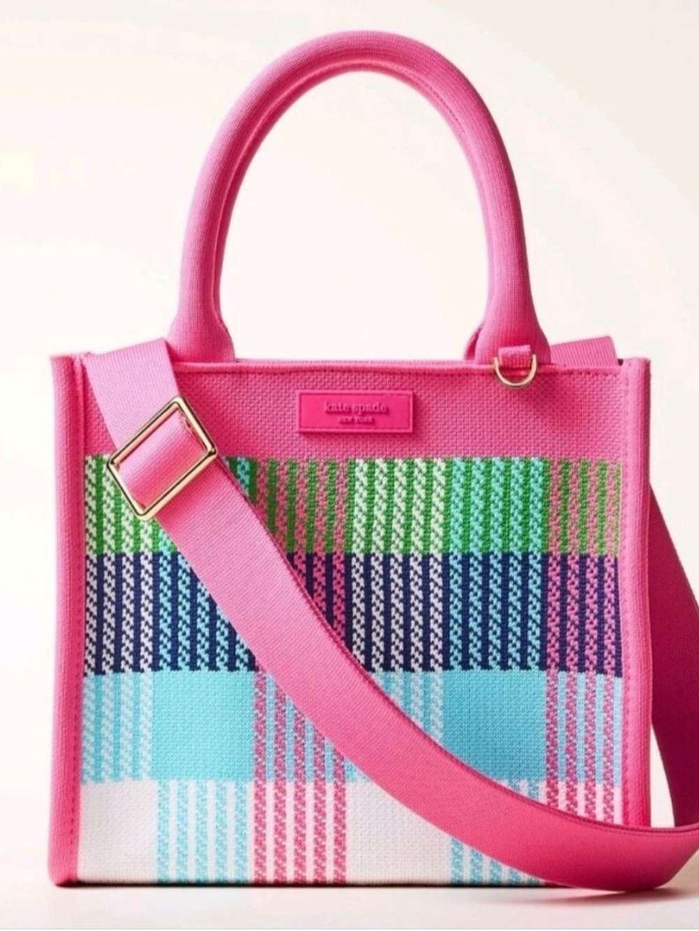 kate spade Pink Multicolor Plaid Canvas Satchel with Strap